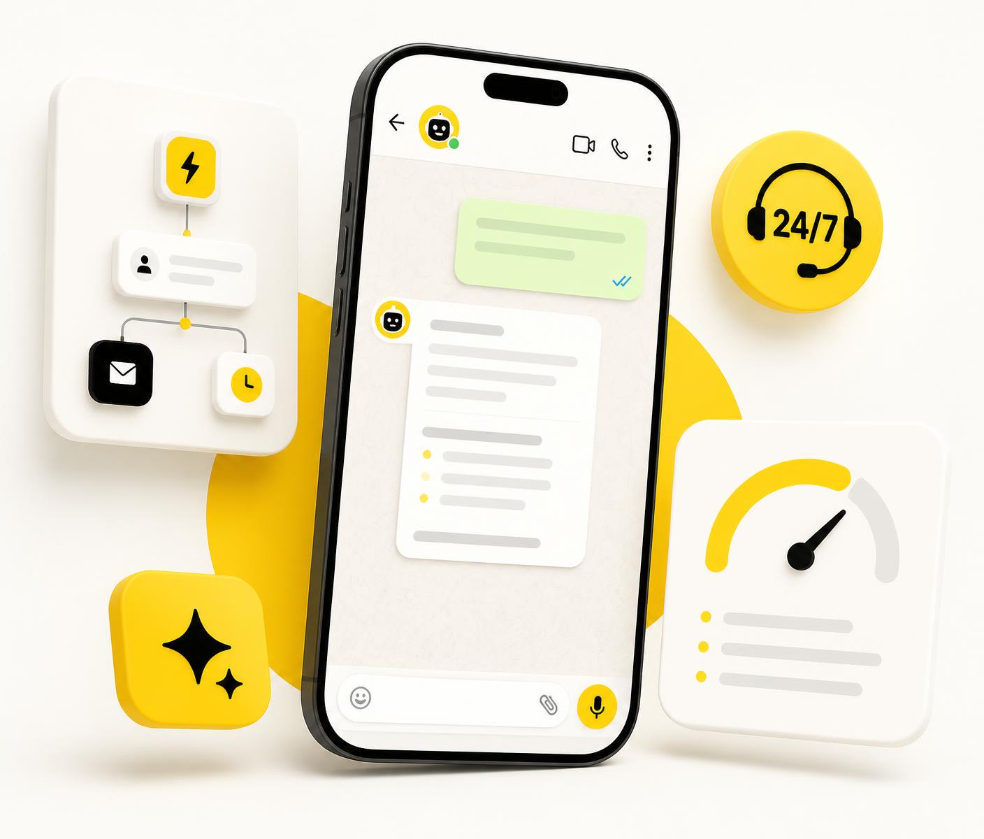 Celular exibindo uma conversa de WhatsApp atendida por Inteligência Artificial, com fluxos automatizados e indicador 24/7